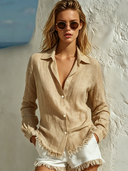 Women's Collared Cotton Linen Solid Color Long-Sleeved Tassel Shirt ZMZ3086F3XT