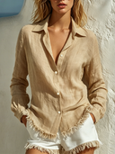 Women's Collared Cotton Linen Solid Color Long-Sleeved Tassel Shirt ZMZ3086F3XT