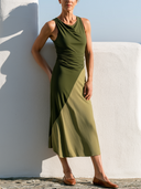 Women Stretch Rayon Blend Color Block Midi Dress Sleeveless Draped Neck Side Ruched Slim Fit Skirt Vacation Dress ZMZ0112G2YZH