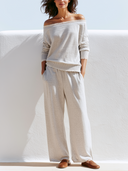 Women Cotton Blend 2 Piece Outfit Lace Trim Off Shoulder Long Sleeve Top Wide Leg Pants Casual Loungewear Set ZMZ0112G6YZH