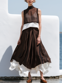 Women Two Piece Outfit Sheer Chiffon Sleeveless Turtleneck Crop Top & Satin Acetic Acid Irregular Layered Maxi Skirt Vacation Set ZMZ0140G2YZH