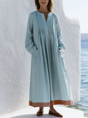 Women Premium Cotton Linen Accordion Pleated Front Maxi Dress Stand Collar Long Sleeve Pocket Contrast Hem Loose Vacation Caftan Dress ZMZ0116G5YZH