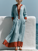 Women Premium Cotton Linen Kaftan Maxi Dress Contrast Red Trim Stand Collar V Neck Long Sleeve Pocket Vacation Long Tunic ZMZ0140G0YZH
