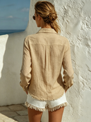Women's Collared Cotton Linen Solid Color Long-Sleeved Tassel Shirt ZMZ3086F3XT