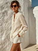 Women's Solid Color Cotton Linen Casual Stand Collar Long Sleeve Shirt ZMZ3057F8XT