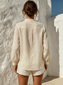 Women's Solid Color Cotton Linen Casual Stand Collar Long Sleeve Shirt ZMZ3057F8XT