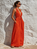 Women's Vacation Cotton-Linen Halter-Neck Backless Maxi Dress ZMZ3085F7XT