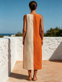 Women's Color-Block V-Neck Cotton-Linen Midi Dress ZMZ3015F9XT