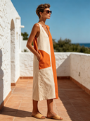 Women's Color-Block V-Neck Cotton-Linen Midi Dress ZMZ3015F9XT