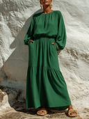 Women's Solid-Color Crew-Neck Cotton Long-Sleeve Maxi Dress ZMZ3022F9XT