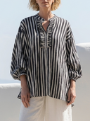 Women Premium Cotton Linen Vertical Stripe Blouse Stand Collar Ruffled Placket 3/4 Lantern Sleeve Loose Casual Tunic Top ZMZ0249G1YZH