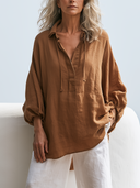 Women Premium Cotton Linen Oversized Blouse Drawstring Collar Lantern Sleeve Loose Vacation Tunic Top ZMZ0285G2YZH