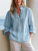 Women Premium Cotton Linen Blouse Ruffled Tie V Neck Double Layer Flare 3/4 Sleeve Loose Sky Blue Vacation Top ZMZ0238G3YZH