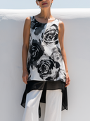 Women Faux Linen Ink Wash Rose Print Sleeveless Tunic Round Neck Irregular Layered Hem Loose Casual Tank Top ZMZ0259G8YZH