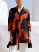 Women Faux Linen Abstract Color Block Print Long Tunic Top Stand Collar Half Button 3/4 Sleeve Loose Blouse ZMZ0221G2YZH