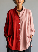 Women's Premium Minimalist Color-Block Cotton-Linen Paneling Stand-Collar Long-Sleeve Shirt ZMZ0226G7ZYY