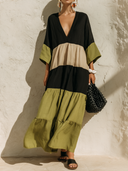 Women's Casual Vacation-Style Cotton-Linen Color-Block V-Neck Flare-Sleeve Maxi Dress ZMZ0279G3ZYY