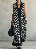 Women's Casual Vintage Polka-Dot Shirt Collar Sleeveless Loose Cotton-Linen Maxi Dress ZMZ0250G1ZYY