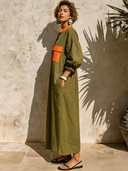 Women's Classic Casual Color-Block Cotton-Linen With Henley Neck And Lantern Sleeves Maxi Dress ZMZ0276G8ZYY