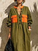 Women's Classic Casual Color-Block Cotton-Linen With Henley Neck And Lantern Sleeves Maxi Dress ZMZ0276G8ZYY