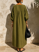 Women's Classic Casual Color-Block Cotton-Linen With Henley Neck And Lantern Sleeves Maxi Dress ZMZ0276G8ZYY