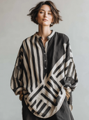 Women's Classic Casual Striped Print Cotton-linen Blend Loose-Fit Long-Sleeve Henley Shirt ZMZ0253G8ZYY
