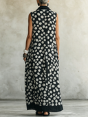 Women's Casual Vintage Polka-Dot Shirt Collar Sleeveless Loose Cotton-Linen Maxi Dress ZMZ0250G1ZYY