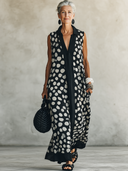 Women's Casual Vintage Polka-Dot Shirt Collar Sleeveless Loose Cotton-Linen Maxi Dress ZMZ0250G1ZYY