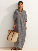 Women's Classic Vertical-stripe Zip-front Stand-collar Maxi Dress ZMZ0201G5SWL