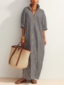 Women's Classic Vertical-stripe Zip-front Stand-collar Maxi Dress ZMZ0201G5SWL