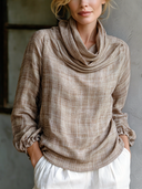 Women's Vintage Plaid Blend Long-Sleeve Top With Scrunch Neck ZMZ0256G4SWL