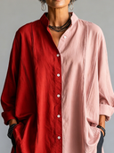 Women's Premium Minimalist Color-Block Cotton-Linen Paneling Stand-Collar Long-Sleeve Shirt ZMZ0226G7ZYY