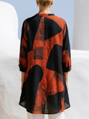 Women Faux Linen Abstract Color Block Print Long Tunic Top Stand Collar Half Button 3/4 Sleeve Loose Blouse ZMZ0221G2YZH