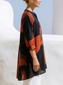 Women Faux Linen Abstract Color Block Print Long Tunic Top Stand Collar Half Button 3/4 Sleeve Loose Blouse ZMZ0221G2YZH