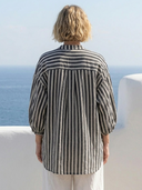 Women Premium Cotton Linen Vertical Stripe Blouse Stand Collar Ruffled Placket 3/4 Lantern Sleeve Loose Casual Tunic Top ZMZ0249G1YZH