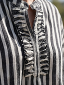 Women Premium Cotton Linen Vertical Stripe Blouse Stand Collar Ruffled Placket 3/4 Lantern Sleeve Loose Casual Tunic Top ZMZ0249G1YZH