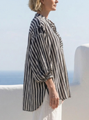 Women Premium Cotton Linen Vertical Stripe Blouse Stand Collar Ruffled Placket 3/4 Lantern Sleeve Loose Casual Tunic Top ZMZ0249G1YZH