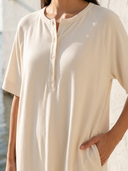 Women Premium Rayon Blend Loose Midi Dress Henley Half Button Short Sleeve Pocket Straight Vacation Caftan Dress ZMZ0145G2YZH