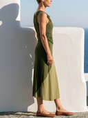 Women Stretch Rayon Blend Color Block Midi Dress Sleeveless Draped Neck Side Ruched Slim Fit Skirt Vacation Dress ZMZ0112G2YZH