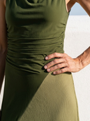 Women Stretch Rayon Blend Color Block Midi Dress Sleeveless Draped Neck Side Ruched Slim Fit Skirt Vacation Dress ZMZ0112G2YZH