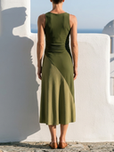 Women Stretch Rayon Blend Color Block Midi Dress Sleeveless Draped Neck Side Ruched Slim Fit Skirt Vacation Dress ZMZ0112G2YZH