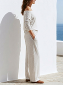 Women Cotton Blend 2 Piece Outfit Lace Trim Off Shoulder Long Sleeve Top Wide Leg Pants Casual Loungewear Set ZMZ0112G6YZH