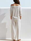Women Cotton Blend 2 Piece Outfit Lace Trim Off Shoulder Long Sleeve Top Wide Leg Pants Casual Loungewear Set ZMZ0112G6YZH