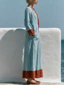 Women Premium Cotton Linen Kaftan Maxi Dress Contrast Red Trim Stand Collar V Neck Long Sleeve Pocket Vacation Long Tunic ZMZ0140G0YZH