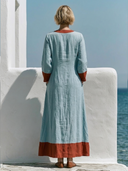 Women Premium Cotton Linen Kaftan Maxi Dress Contrast Red Trim Stand Collar V Neck Long Sleeve Pocket Vacation Long Tunic ZMZ0140G0YZH