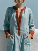 Women Premium Cotton Linen Kaftan Maxi Dress Contrast Red Trim Stand Collar V Neck Long Sleeve Pocket Vacation Long Tunic ZMZ0140G0YZH