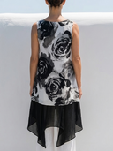 Women Faux Linen Ink Wash Rose Print Sleeveless Tunic Round Neck Irregular Layered Hem Loose Casual Tank Top ZMZ0259G8YZH
