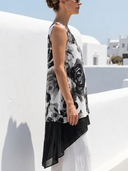 Women Faux Linen Ink Wash Rose Print Sleeveless Tunic Round Neck Irregular Layered Hem Loose Casual Tank Top ZMZ0259G8YZH