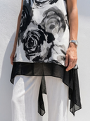 Women Faux Linen Ink Wash Rose Print Sleeveless Tunic Round Neck Irregular Layered Hem Loose Casual Tank Top ZMZ0259G8YZH