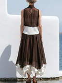 Women Two Piece Outfit Sheer Chiffon Sleeveless Turtleneck Crop Top & Satin Acetic Acid Irregular Layered Maxi Skirt Vacation Set ZMZ0140G2YZH